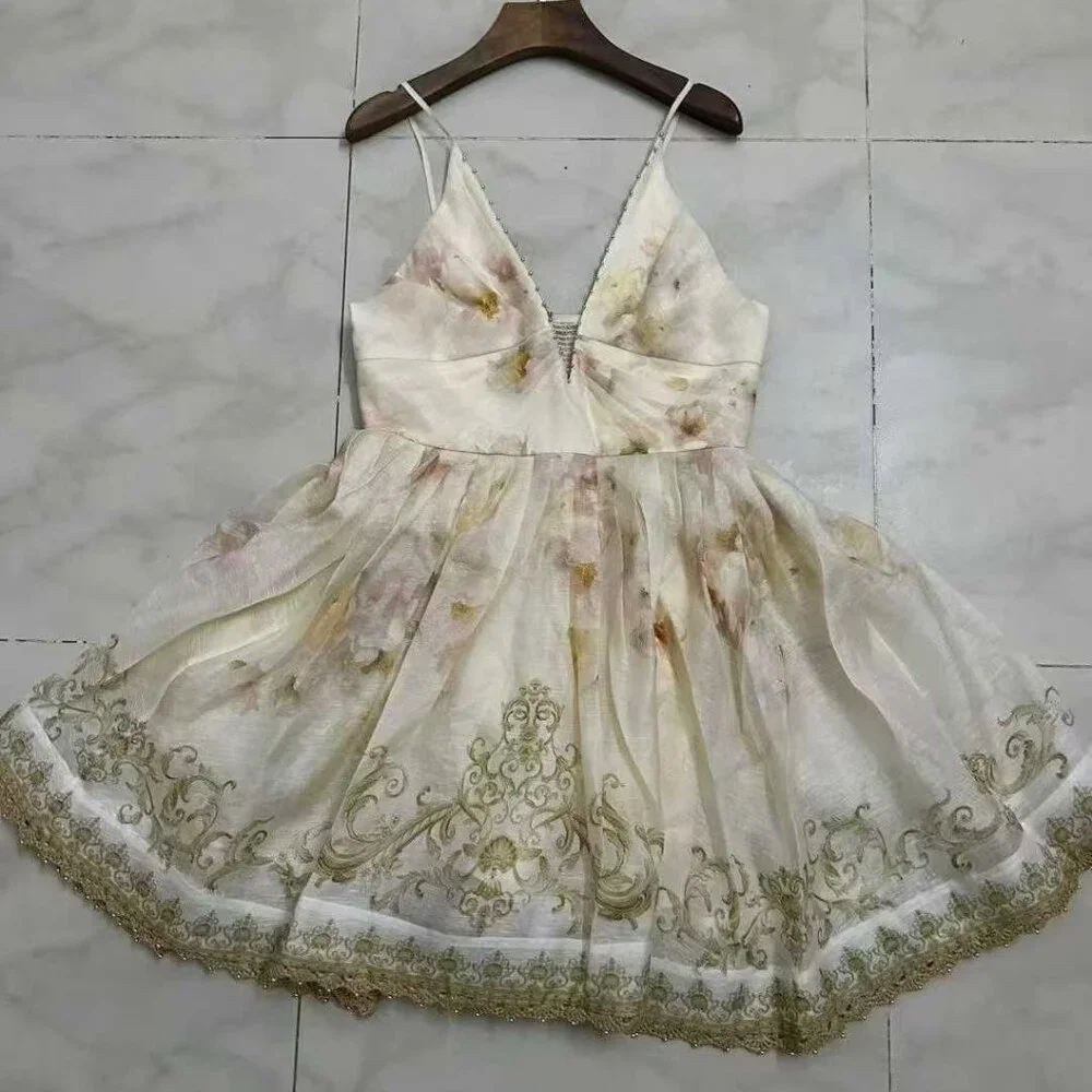 Zimmermann Cream Floral Lace-Trim Midi Dress with Gold Embroidery - Picture 1 of 2